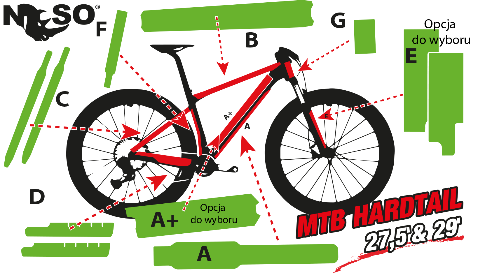 Schemat rozmieszczenia folii ochronnej MTB hardtail NOSO ELITE PPFU